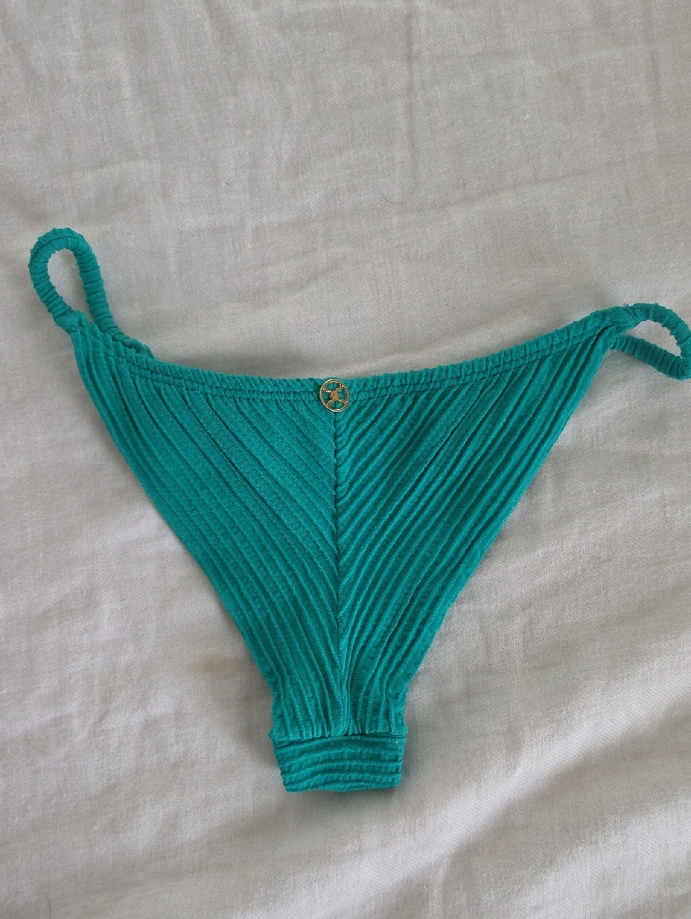 Ribbed Green Women's Bikini Bottom with Gold Accent